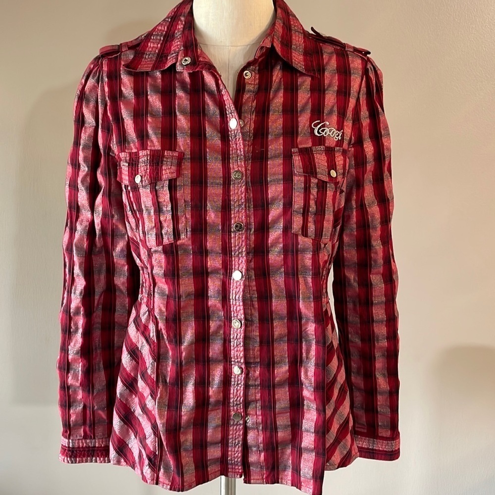 Coogi women’s SNAP up front cotton blend shirt red striped metallic size XL